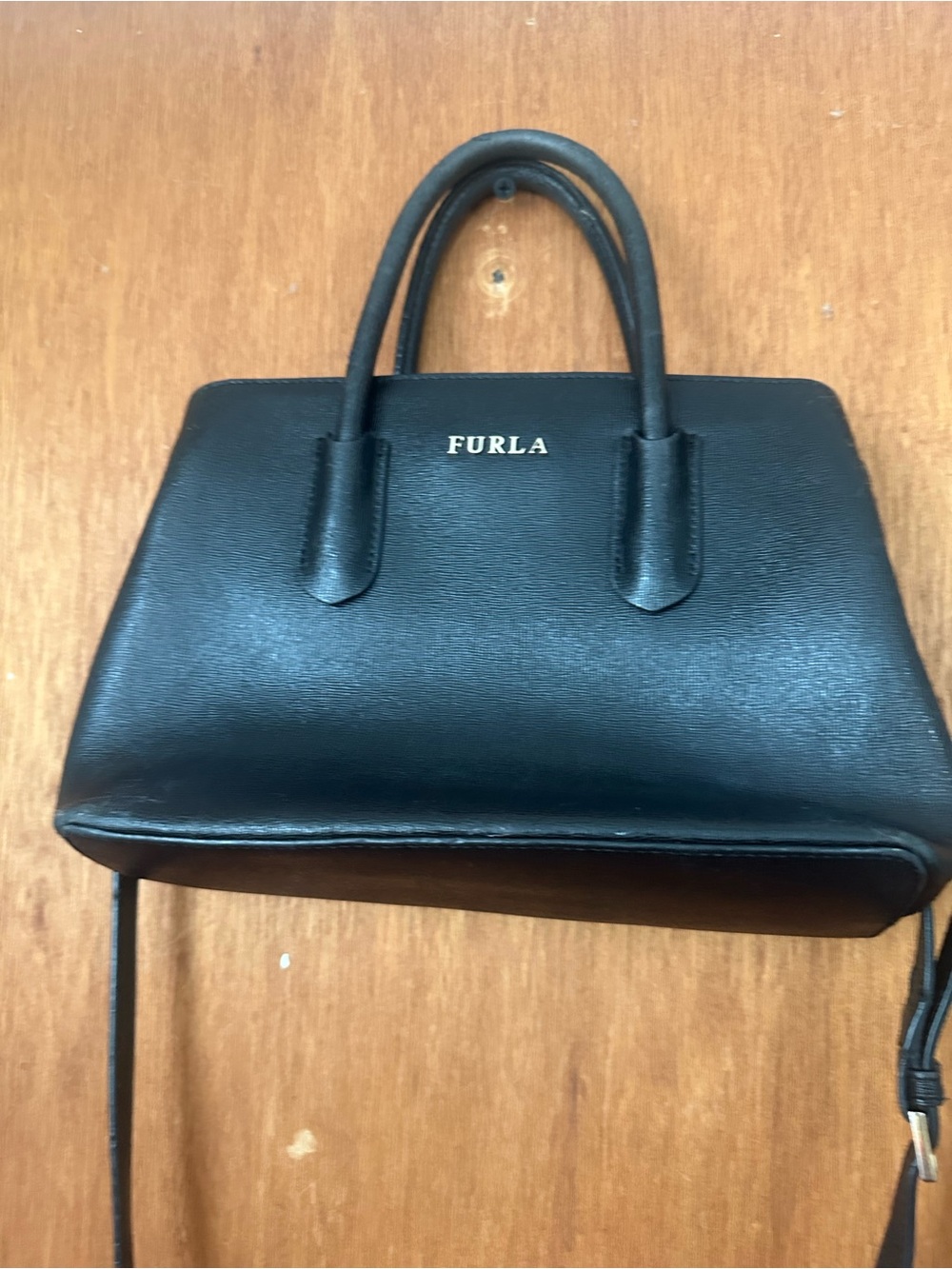 Furla Black Leather Mini Satchel with Gold Logo